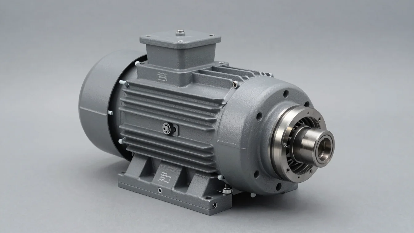 Industrial product photograph of a grey steel electric motor and
