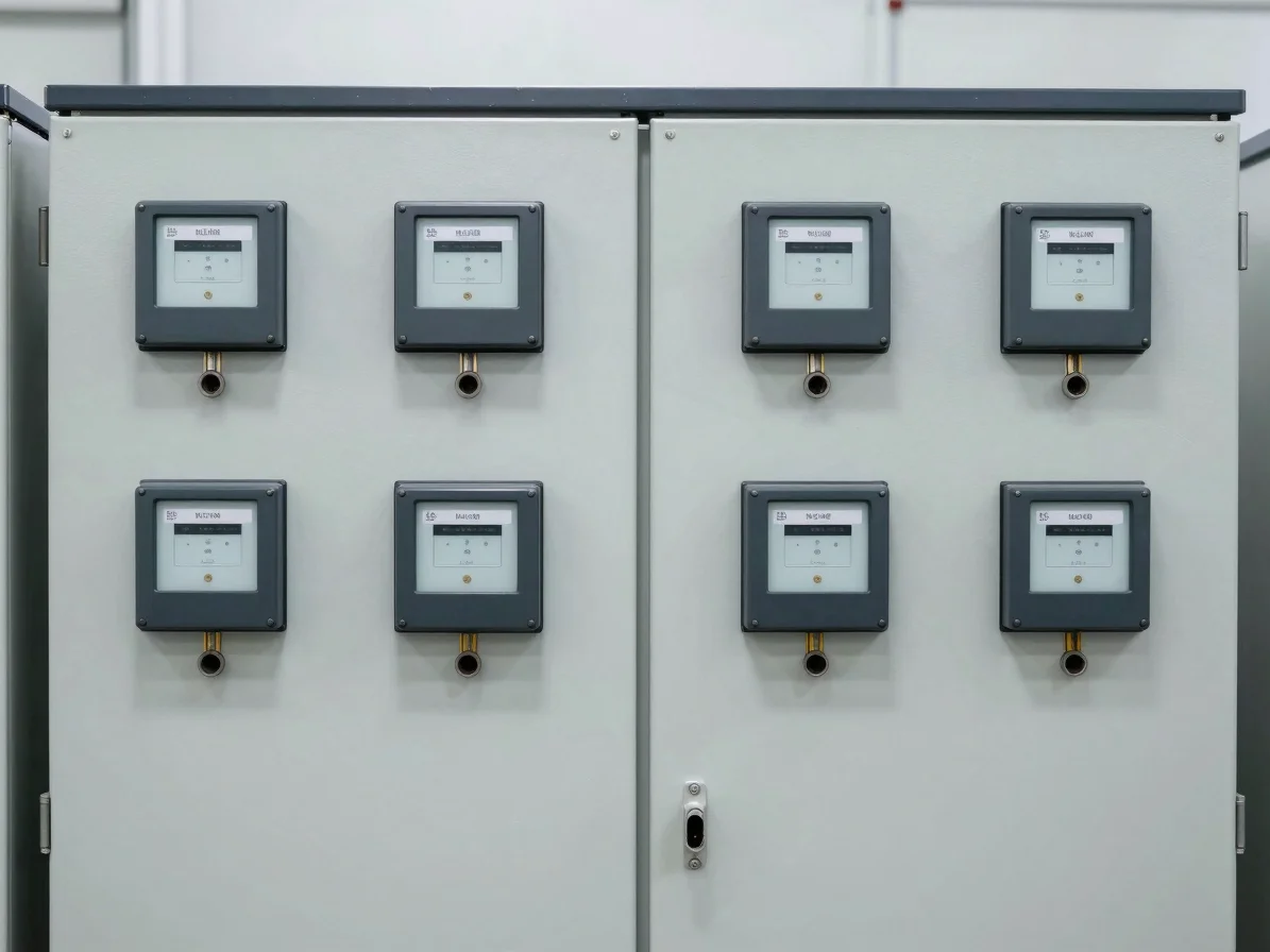 Industrial control cabinet front panel with metal enclosure, labe