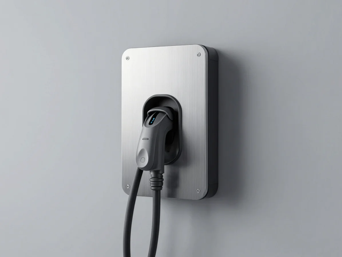Clean product photograph of an EV charging point wall unit with b