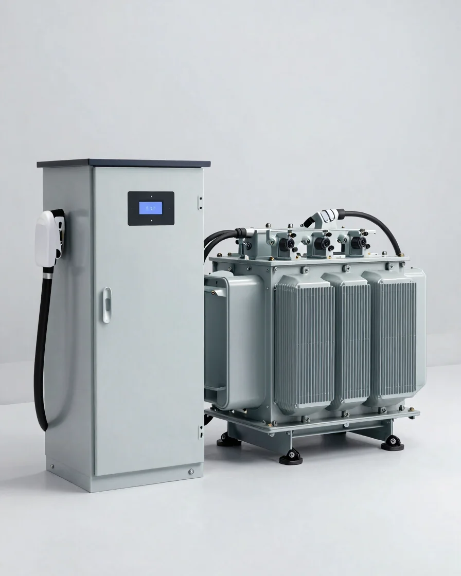 Wide-frame industrial product photograph of an EV charging point